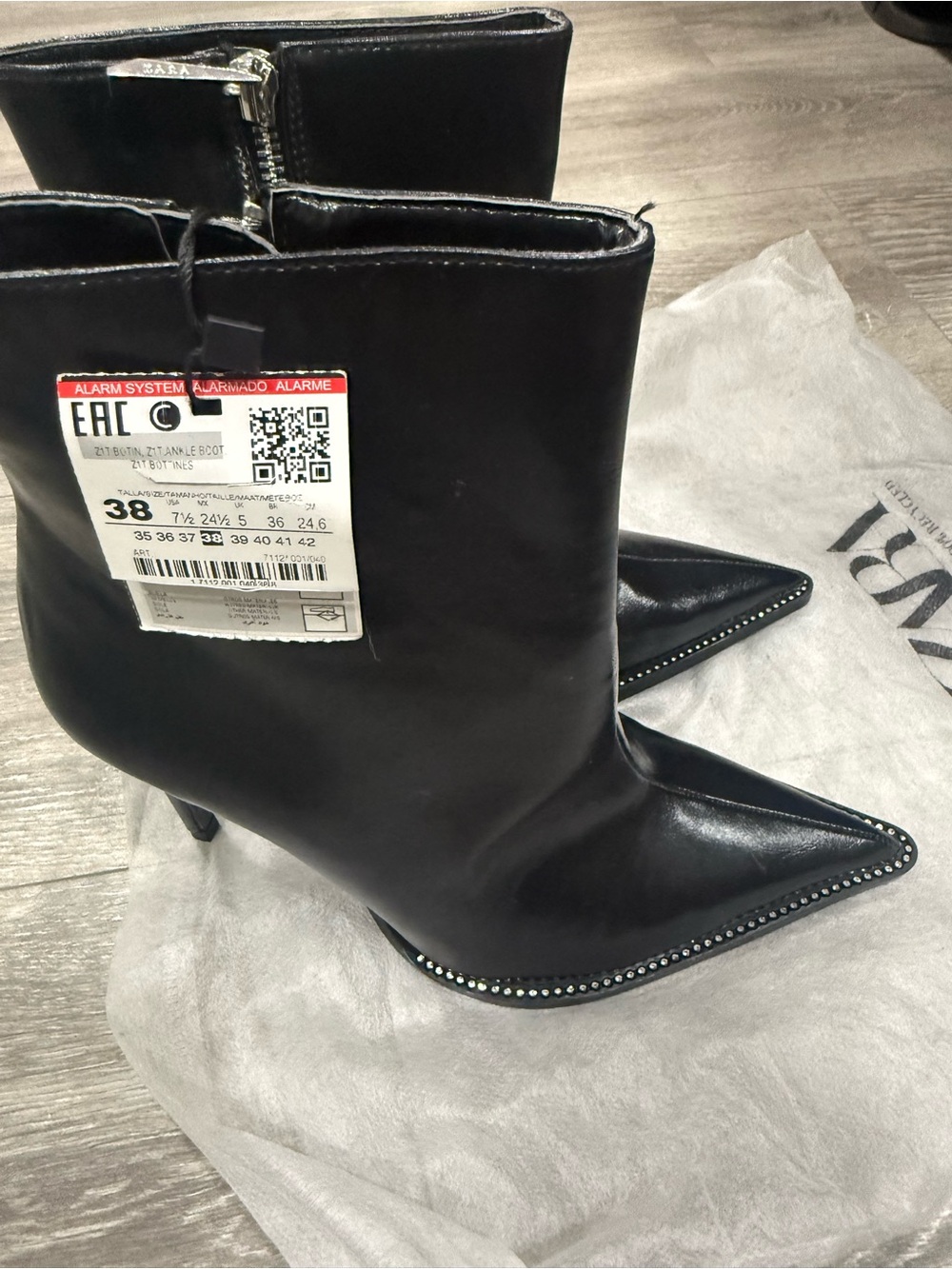 Zara Black Pointed Leather Mid-Calf Boots with Rhinestone Trim